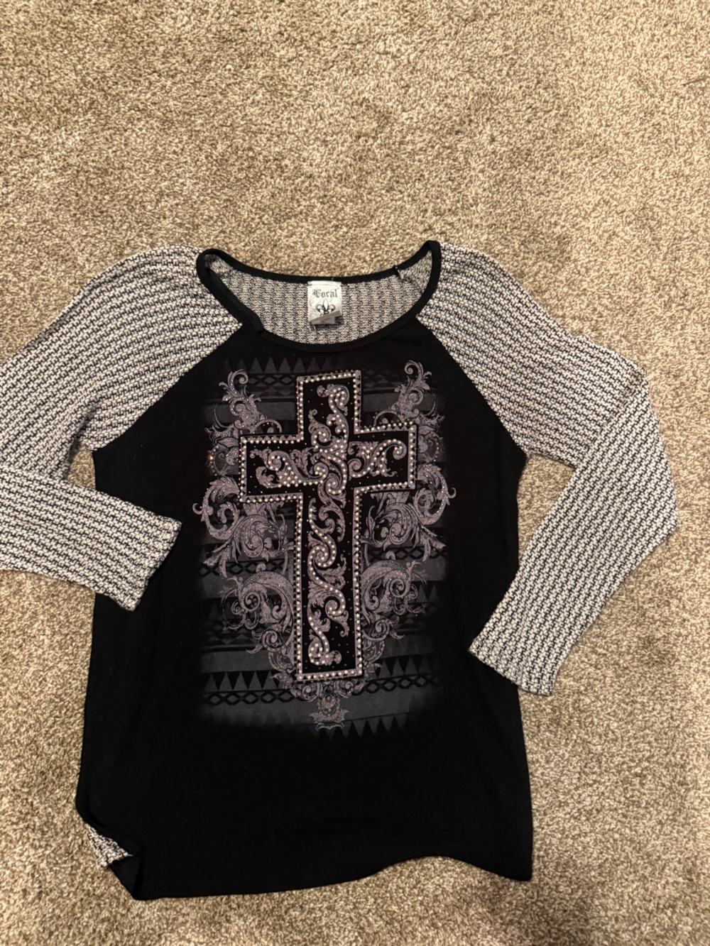 Vocal Made in the USA Black Top with Gray Patterned Sleeves and Rhinestone Cross